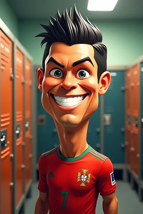 A cartoon caricature of Cristiano Ronaldo, with a large head and  smile. He’s in a football locker room, wearing a Portugal football uniform with the number 27. Make the style bold and playful, focusing on his iconic hairstyle and cheerful expression. Incl...