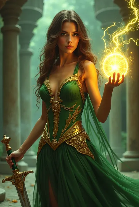 A beautiful young woman, fierce eyes realistic, stunning golden and green dress ,rare brown long hair, holding a magic sword on one hand and on the other hand she can do magic with her hands it looks like a golden and green lighting ball , 