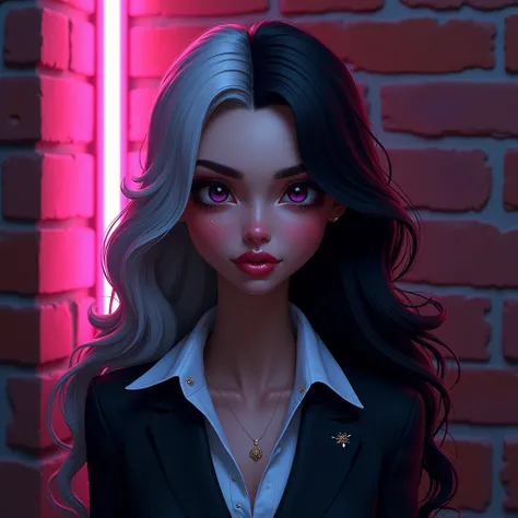 Pixar style, Ideal beautiful girl, Russian beautiful girl, ((black and white hair)), ideal long hair, big eyes, complex makeup, ((pouty lips)), big pink shiny lips, ((in a black business suit)) black, blue, purple, yellow, neon, pink, green, glitter. Backg...