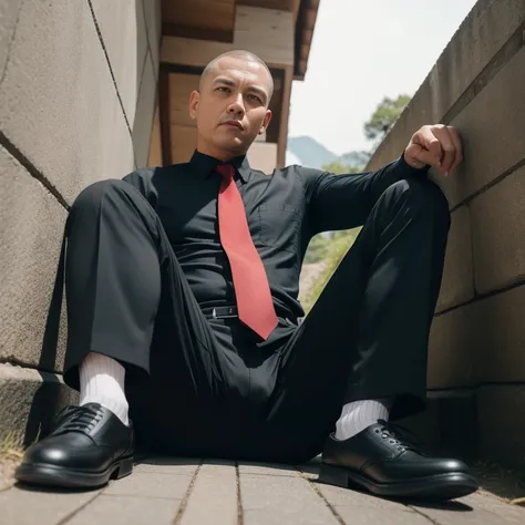 50 years old、One middle-aged man、Buzz cut、Combatant、Black Shirt、Red tie、black slim trousers、Raid、Mountain hut。Spread your legs、Sit on the wall、logic, ,かなり短い短髪Buzz cut、Stubble、　View from below　　The crotch area of my trousers is swollen　Upper Body　Scream　Bla...