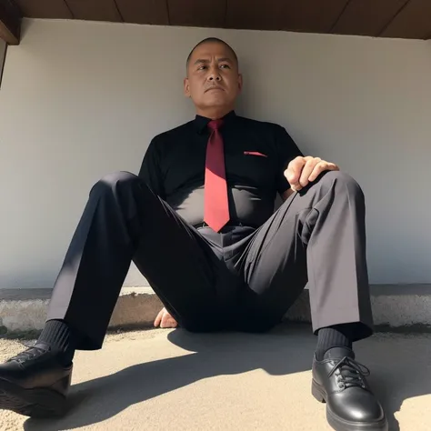 50 years old、One middle-aged man、Buzz cut、Combatant、Black Shirt、Red tie、black slim trousers、Raid、Mountain hut。Spread your legs、Sit on the wall、logic, ,かなり短い短髪Buzz cut、Stubble、　View from below　　The crotch area of my trousers is swollen　Upper Body　Scream　Bla...