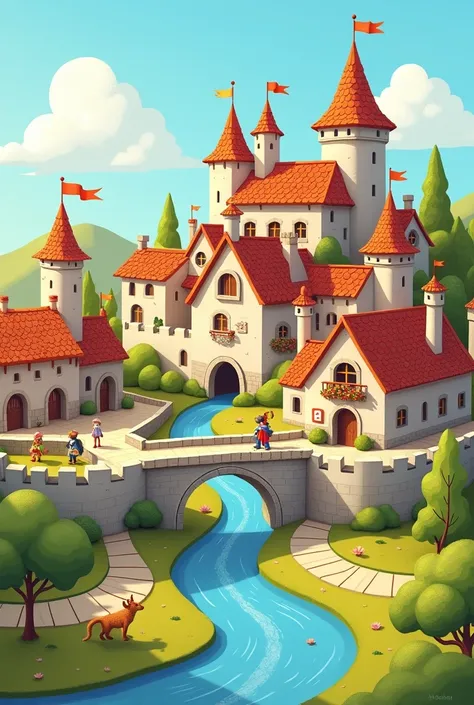 Make a medieval city surrounded by walls that is very easy to draw. That a child can draw it