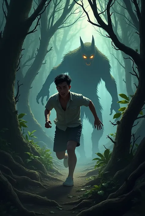 Slide 6: Juans Escape
 
- Prompt: "A young man running through a dark forest, looking scared. He is being chased by a Tikbalang with glowing eyes. The forest is dense and overgrown, with fallen leaves and branches."