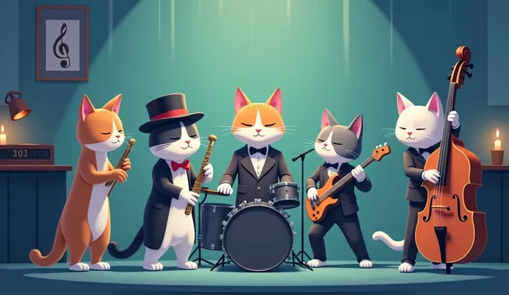 flat anime style, focusing on soft blues, gentle greens, and light purples simple color background, A cat band playing jazz song inside jazz bar