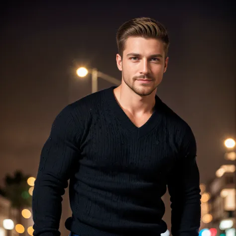 1man, A close medium shot of a charismatic male fitness model, 30 years old，small beard, Sexy and charming expression，gloomy eyes，Blue eyes, captured seen from side, smiling, in a street at night, wearing black sweater, night city lighting, cinematic and m...