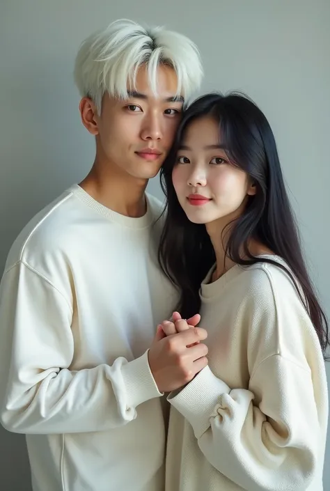 (Korea)Young man(Age 20)White hair and a young woman(Age 18)cool,smile,Face the camera,Hold hands,HDR,UHD,Maximum resolution, High resolution model, Best quality, Anatomically correct, Realism, Daily life photos, Fuji color, 