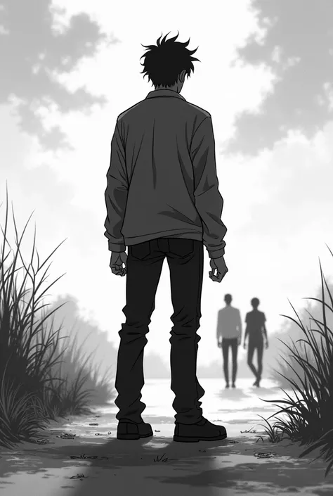 Picture of a man who sees his woman cheating with another man, 4th person perspective, long distance, facing back, black and white anime drawing style