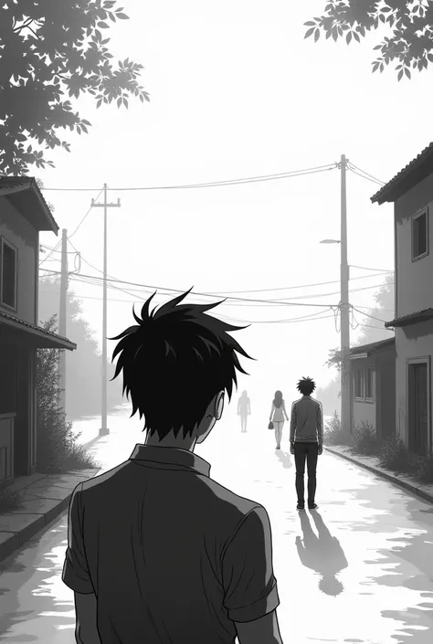 Picture of a man who sees his woman cheating with another man, 4th person perspective, long distance, facing back, black and white anime drawing style