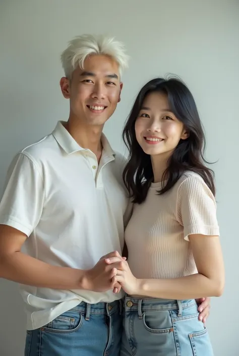 (Korea)Young man(Age 20)White hair and a young woman(Age 18)cool,smile,Face the camera,Hold hands,HDR,UHD,Maximum resolution, High resolution model, Best quality, Anatomically correct, Realism, Daily life photos, Fuji color, 