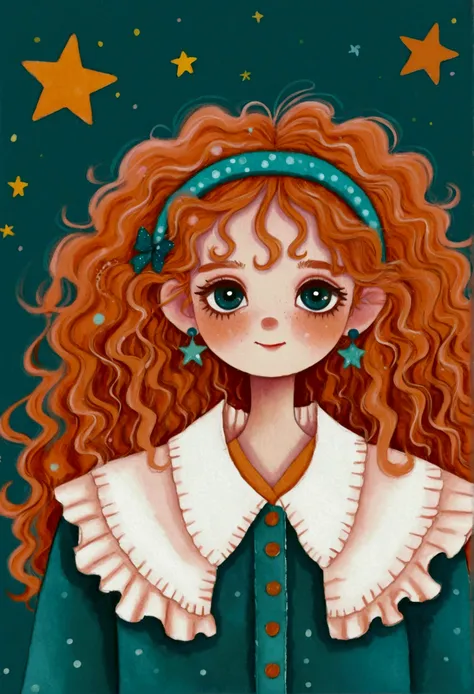 curly orange hair, teal horn headband, teal star headband, teal earrings, teal jacket with a star, white ruffled shirt, background with soft peach color, playful and whimsical atmosphere, illustrated style.