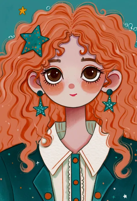 curly orange hair, teal horn headband, teal star headband, teal earrings, teal jacket with a star, white ruffled shirt, background with soft peach color, playful and whimsical atmosphere, illustrated style.