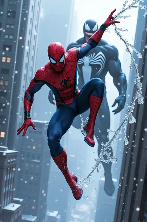 Title spider man the icy web spider man spinning web behind ice covered buildings venom