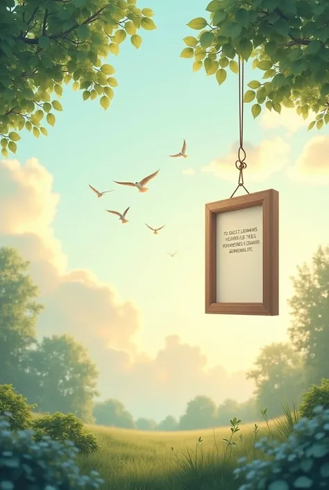 Background with clouds trees birds sun and and some learning quotes in photo frame hanging 