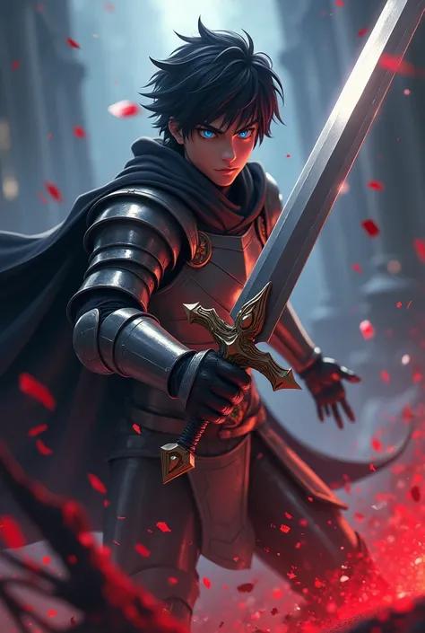 anime 3d, A young knight with black hair, handsome but fierce, with bright blue eyes., Fighting with the devil, Blood all over the floor, Put on armor., Holding the Holy Sword.