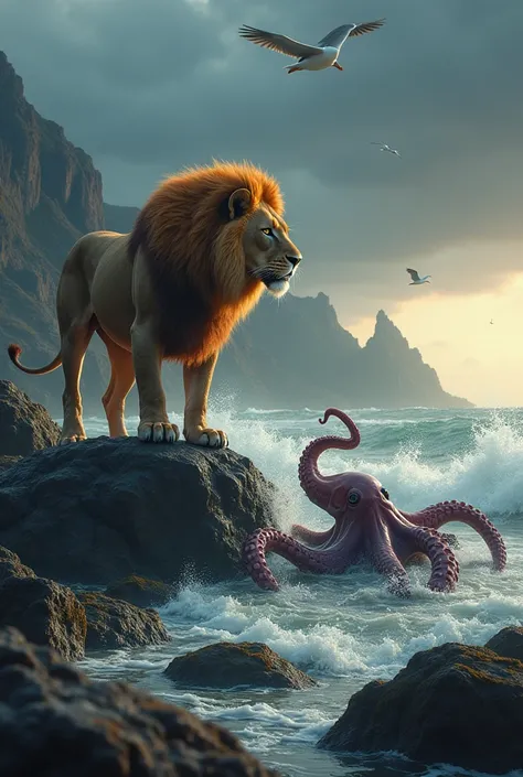 Here’s a perfect prompt for an image where a lion and an octopus are together in one frame:

---

On a jagged, rocky shoreline where the ocean meets the land, a powerful lion and a large, intelligent octopus find themselves in a tense and surreal encounter...