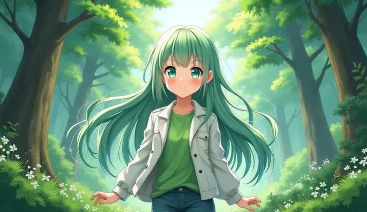 make a anime girl light green hair and eyses,waring white jecket and green Colour t-shirt, forest in her background
Long Hair, High Resolution, 