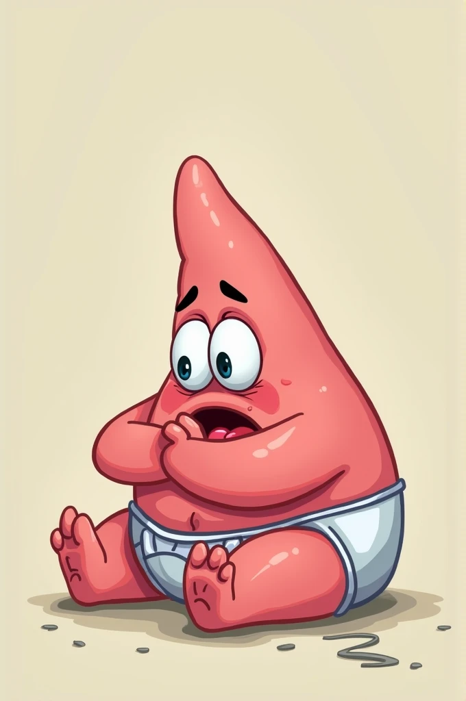 Patrick Star, curled up crying, wearing baby diaper, big pleading eyes (Cartoon art style by nickelodeon)