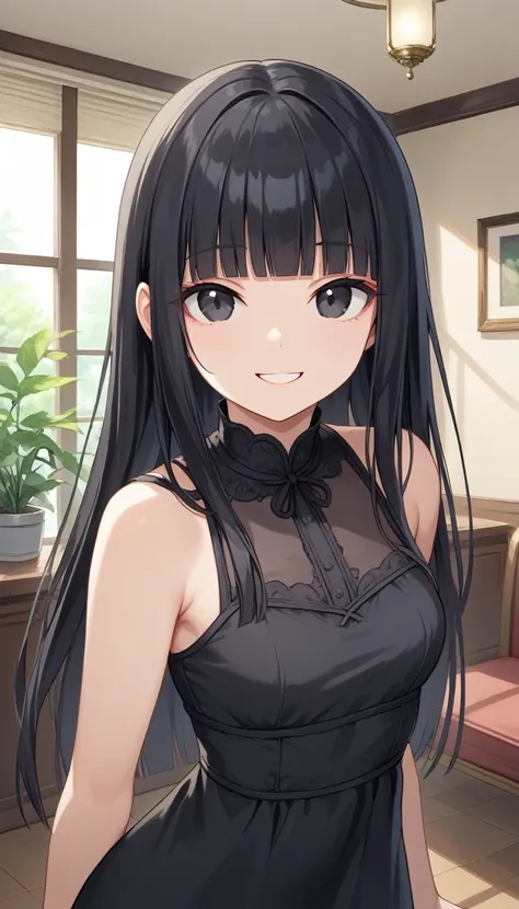 1girl, solo, straight hair, long hair, blunt bangs, black hair, score_9, black eyes, black dress, indoors, upper body, looking at viewer, smile