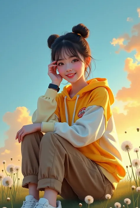 Photorealistic cinematic acrylic painting of a beautiful Indonesian girl with smooth white skin and a perfectly groomed face ,her hair is tied up in a Korean style bun with bangs and accessories,wearing a yellow and white gradient hoodie knit with the name...