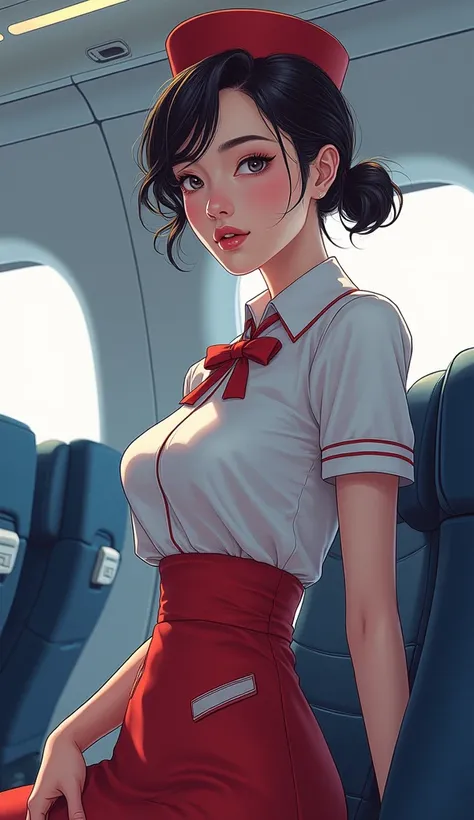 manhua, beautiful stewardess, adult female, flat bust, 