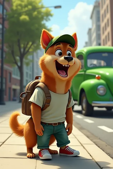 A dog with brown fur and a cap and clothes barking at a green car 