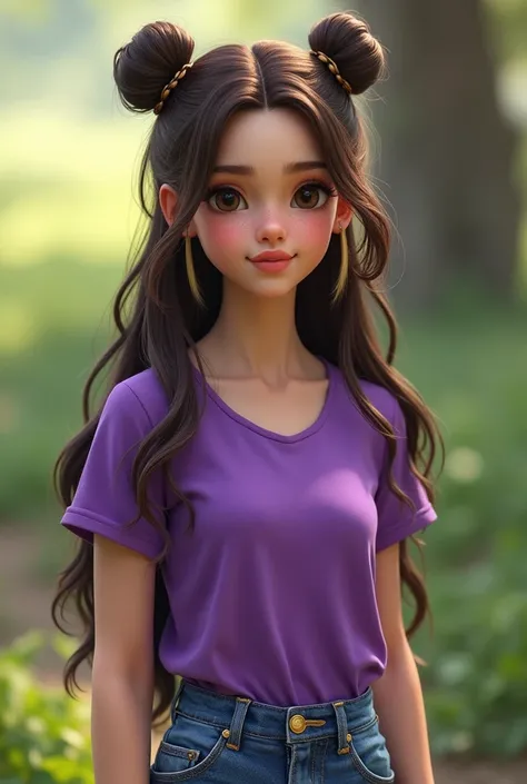 A girl standing with brown hair with two buns but have two strips of blonde hair. Purple shirt, with jeans black eyes .beautiful 