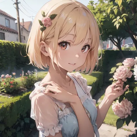 8k, RAW Photo Fujifilm, Avril-inspired photo of a beautiful young woman in a garden of pale pink roses (Highly detailed skin: 1.2) Style Petal Break Short Hair, Blonde and colored hair, Wear a dress, Film Granulation, 35mm, Cute Style