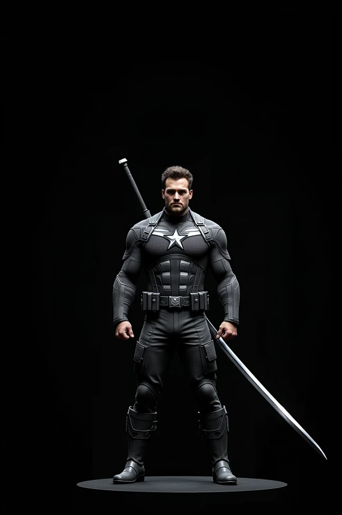 Ben Affleck wearing a full grey captain america suit without the stars on the suit with a long sword from head to head as the costume logo at a black background