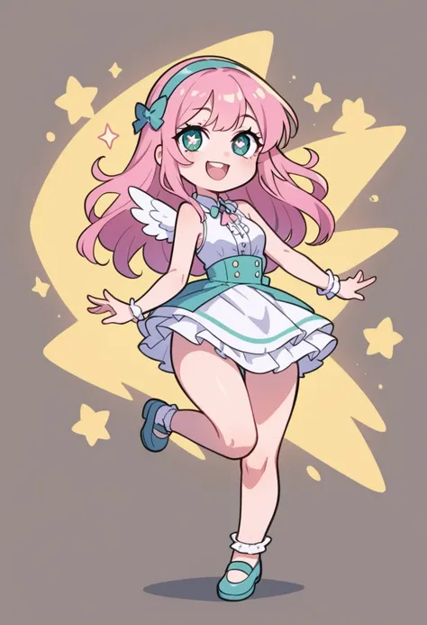 chibi,kawaii,A female character with long, flowing pink hair, wearing a cute white and pink outfit, is depicted in a dynamic and lively pose. She stands on one leg, with the other leg slightly lifted behind her, as if she is about to take a graceful step o...