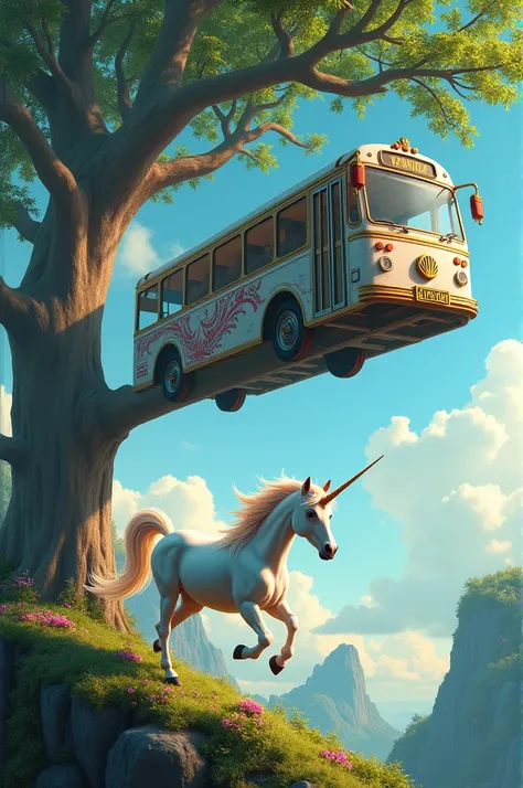 A bus is flying in the sky and one unicorn is running on the tree