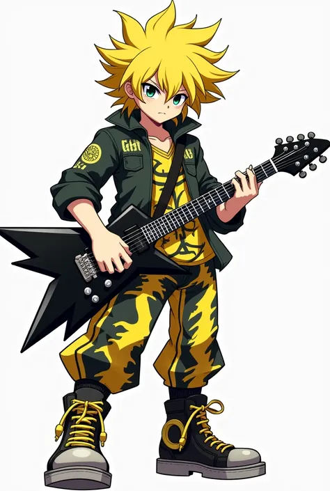  (Anime), Gusion, in yellow lemon hair, with jagger shirt, with jagging pants, with back jag pot guitar.