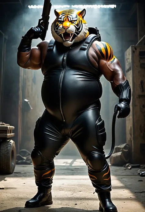 (a dark-skinned fat very muscular old man in a bulky black zipper diver suit) saluting, (wearing a small-sized realistic roaring tiger mask), carrying a rifle, dynamic action pose, fierce expression, showcasing an imposing stature, surrounded by military e...