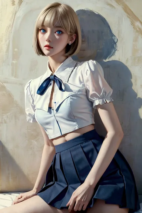 ((Best Quality)), ((masterpiece)), (detailed), Anatomically correct body shape、Correct leg position、Correct hand position、High school girl、Mature face、White blouse、Dark blue mini skirt、Blue Eye、Blonde Bob Cut、Small Bust、Large hips、Angle from the front、Look...