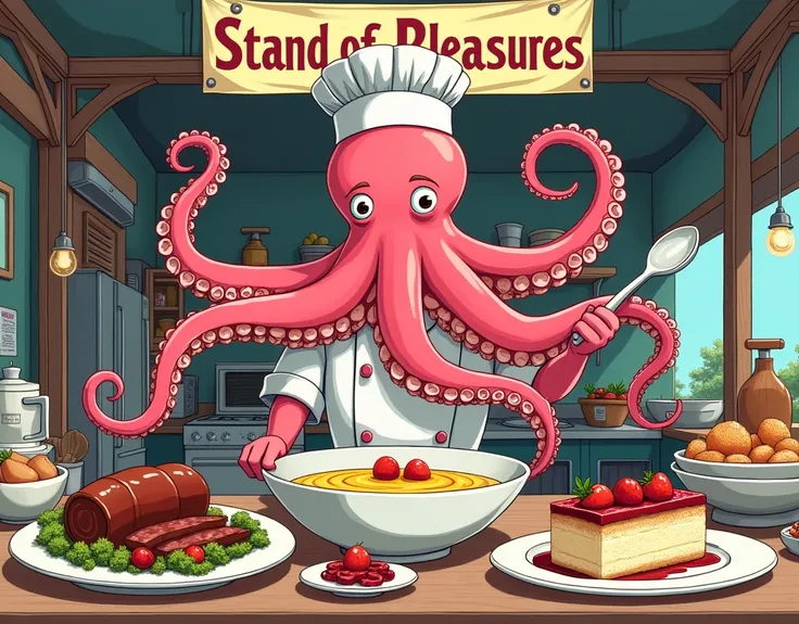 create a manga style poster for a restaurant.
the leader must be an octopus walking on two of its tentacles.
the other 6 tentacles prepare a roast beef in a dish, an omelette in a large bowl and a cream cake, they hold all the necessary utensils, knives, c...