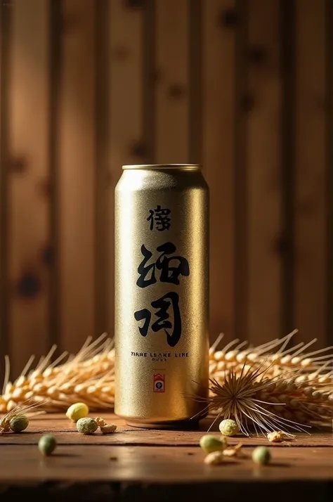 Epic image exclusively of a shoju can in a wooden setting with lush and wonderful wheat scattered over the wood. The composition must be grandiose, com destaque  total para lata. Use three-point lighting to create depth and shadows. The ideal camera is a P...