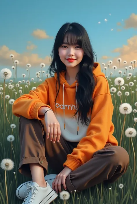 Photorealistic cinematic acrylic painting of a beautiful Indonesian girl with smooth white skin and a perfectly groomed face ,long straight black hair with fringe at the bottom, accessories,wearing a knitted hoodie with orange and white gradient logo of Sa...