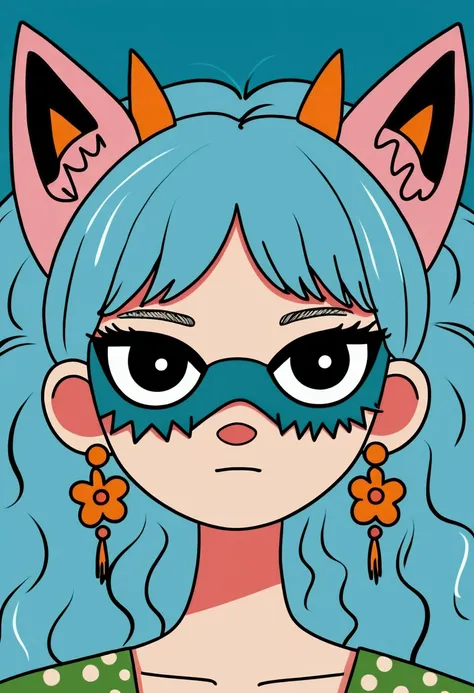 cartoon drawing of a girl with a cat mask on, monstergirl, inspired by Chiho Aoshima, girl with cat ears, inspired by Hikari Shimoda, inspired by Taro Okamoto, demon girl, portrait of a cute monster, portrait of demon girl, hylics artwork, monster girl, ho...