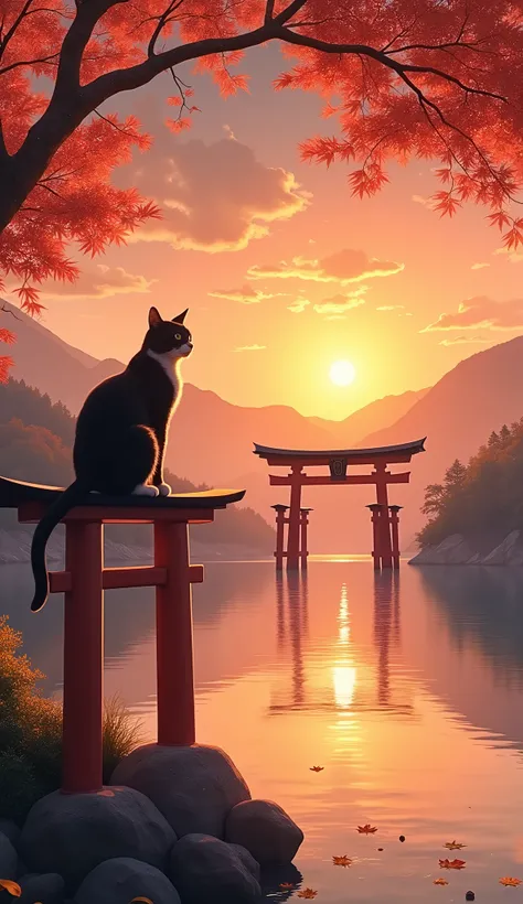 mother&#39;s cat、Visit Itsukushima Shrine、Sunset、sea、autumn leaves