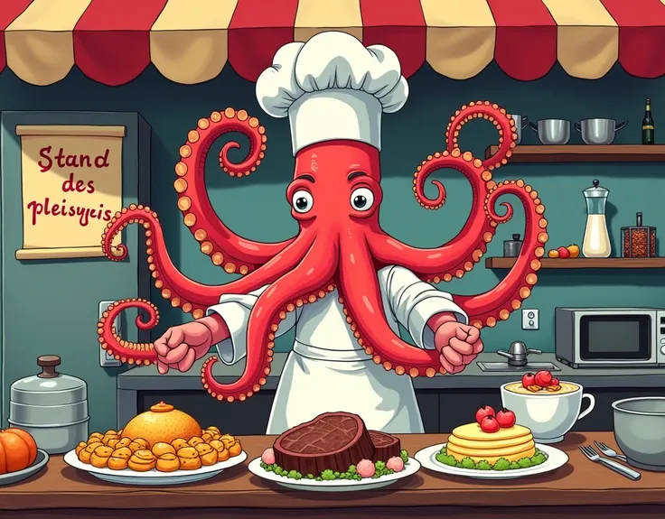 create a manga style poster for a restaurant.
the leader must be an octopus walking on two of its tentacles.
the other 6 tentacles prepare a roast beef in a dish, an omelette in a large bowl and a cream cake, they hold all the necessary utensils, knives, c...