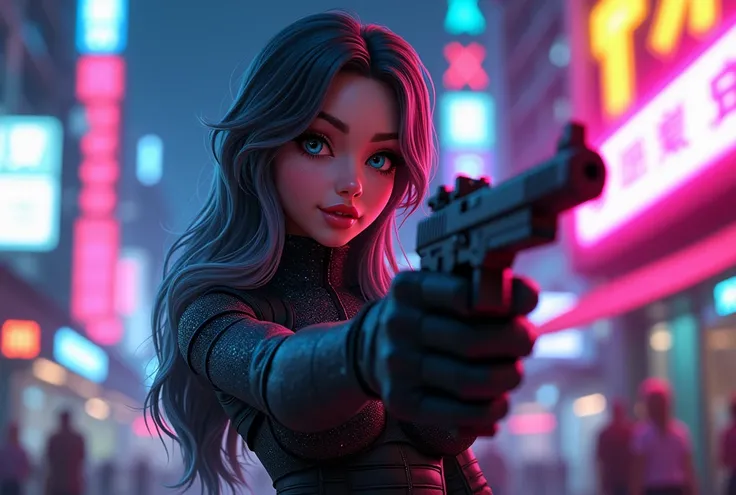 Pixar style, Ideal beautiful girl, Russian beautiful girl, ((black and white hair)), ideal long hair, big eyes, complex makeup, ((pouty lips)), big pink shiny lips, ((in a tactical suit)), with guns, blue, purple, yellow, neon, pink, green, glitter. Backgr...