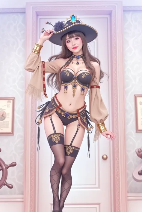 A person is dressed in an elaborate and intricately designed cosplay outfit, featuring a dark, embellished bra and matching underwear adorned with gold and blue accents and ornate patterns. They wear a large, wide-brimmed hat decorated with matching blue a...