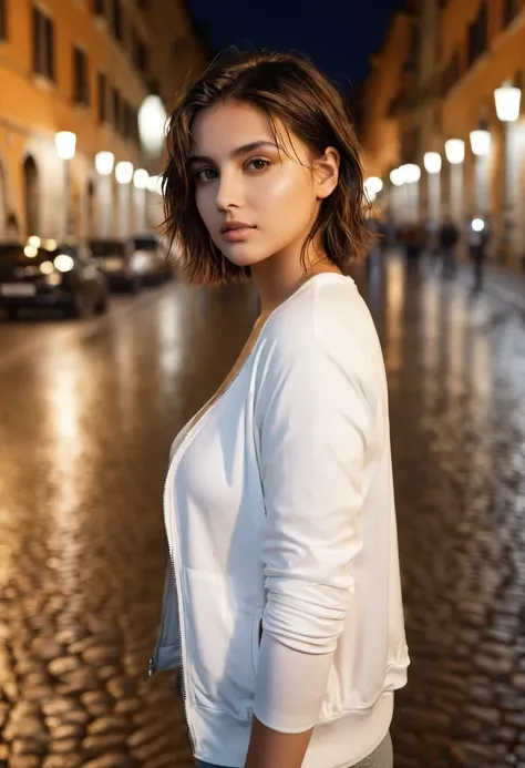 a woman, 22 y o, brunette, wet mid-short loose hair, brown eyes, natural beauty, calm expression, warm skin tone, voluptuous body, wearing a white tight t-shirt, with a jacket, in a large street in Rome, no jewelry, no makeup, dramatic illumination, 4k, ul...