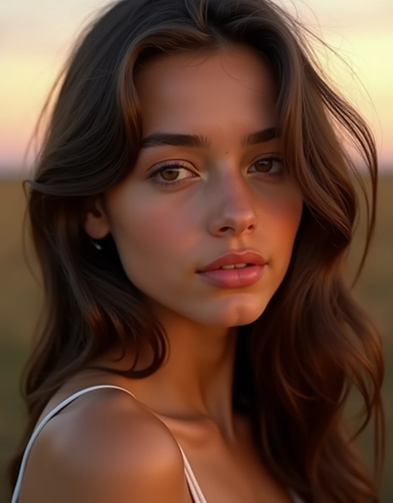 a young woman, 1, with flawless, warm-toned skin that radiates a natural glow. She has a soft, heart-shaped face with prominent cheekbones and a delicate chin. Her large, expressive hazel eyes are framed by thick, well-defined eyebrows, creating a captivat...