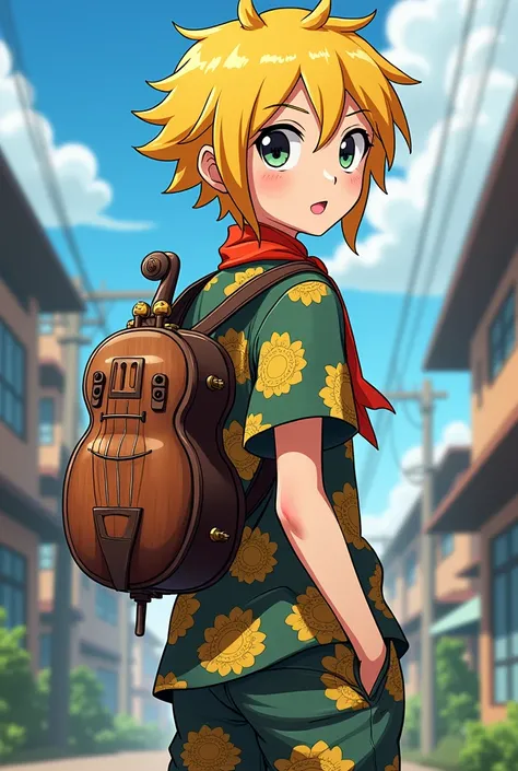  (Anime), Tobit, in guava yellow hair, with jagger shirt, with jagging pants, with neck scarf, with string instrument made of jag pot galloon as his back pack.