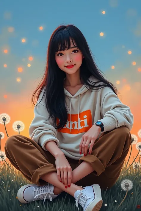 Photorealistic cinematic acrylic painting of a beautiful Indonesian girl with smooth white skin and a perfectly groomed face ,long straight black hair with bangs,wearing a knitted hoodie with orange and white gradient logo of Santi&#39;s name rolled up at ...