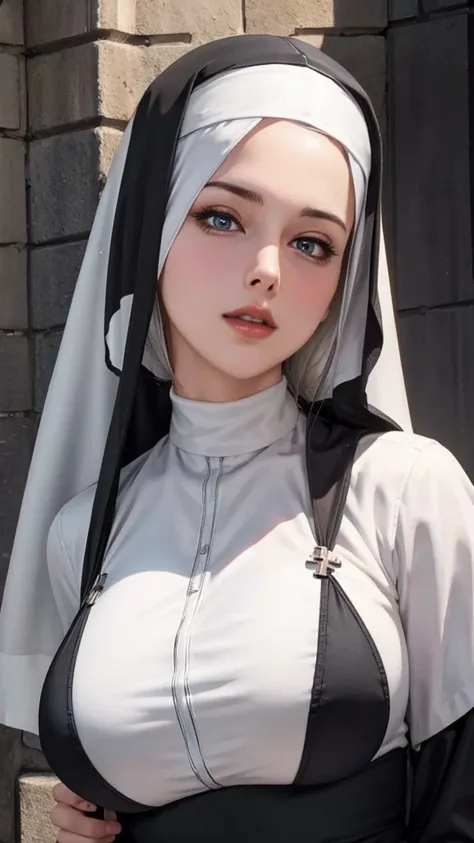 realistic 1.2, nun，full breasts，church，cross，8k，super fine，hyper-realistic，masterpiece，high quality，rich details