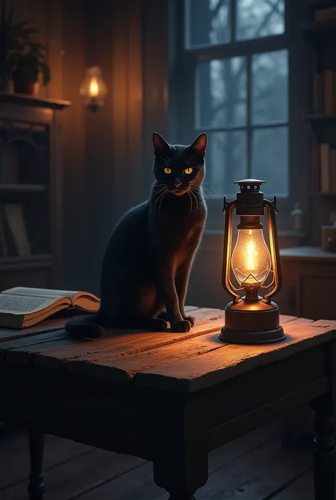 Night with an old round wooden table and a book on the table and an old oil lamp on the table and a black cat 