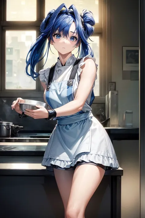 1girl, solo, wattson, blue eyes, blue hair, apron, cooking, kitchen, white background, masterpiece, highly detailed, ultra-detai...