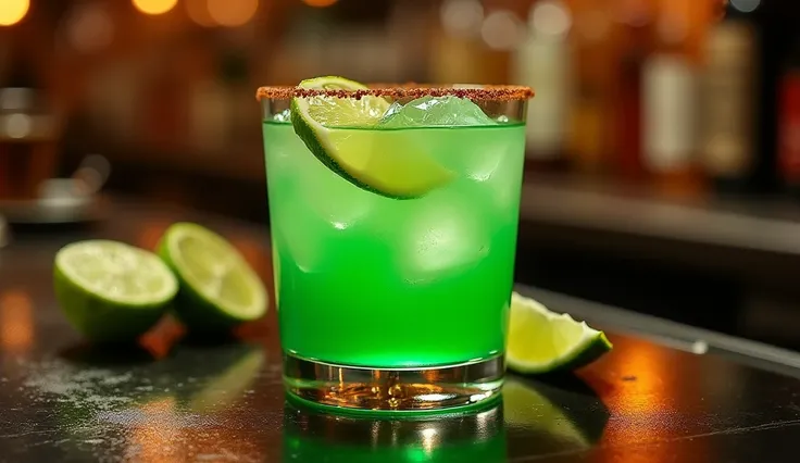 Obra maestra, realista ,A Captivating photo of  a incredible light emerald green clearly spicy-lime refreshing cocktail in a short glass decorated with a spiced lime slice  in a cozy bar, atmospheric view by Chuck Close,  500px trending