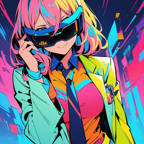 (high quality, 8K, 4k, high contrast, masterpiece:1.2, 最high quality, The best aesthetics), (Dynamic angle), ((1 female)), ((ciberpunk)), ((flat color)), ((colorful art)), upper body, Color background, high contrast, contrasting colors, cowboy shot,anime s...